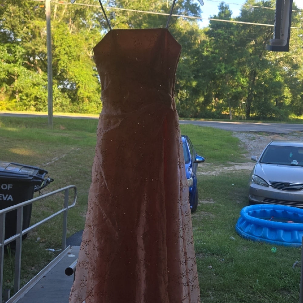 Betsy & Adam Peach Strapless Gown
